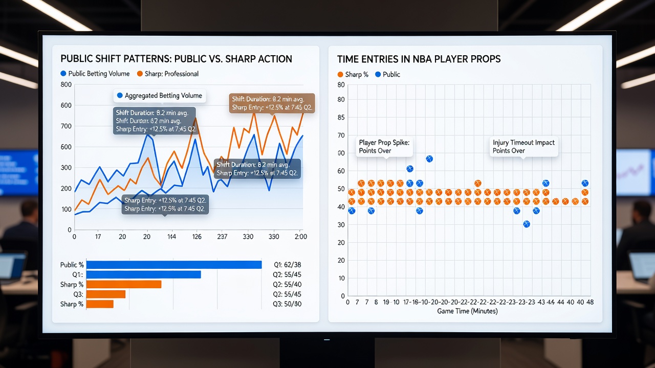 Graph displaying line movement timelines comparing public bet volume against sharp action spikes in NBA player props