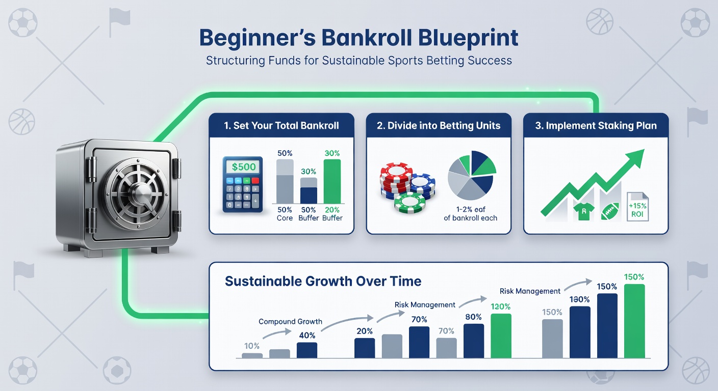 Chart depicting bankroll division into units, risk percentages, and growth projections over betting cycles