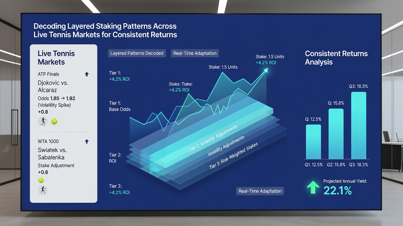 Close-up of tennis match statistics dashboard displaying stake layering sequences and market odds