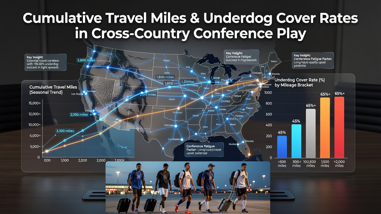 Chart displaying underdog cover rates correlated with increasing travel mileage in conference games
