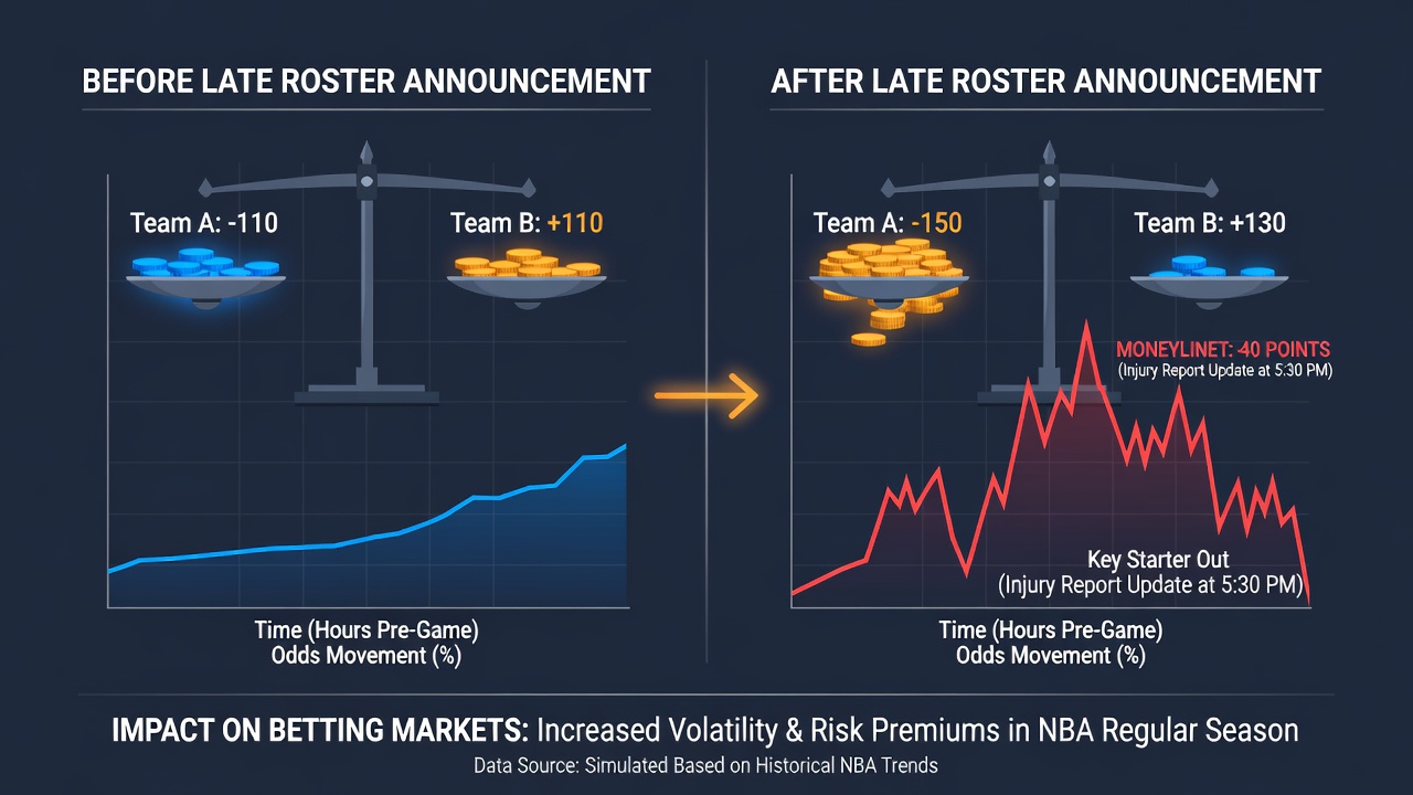 Sportsbook odds board updating with NBA game lines and roster change alerts