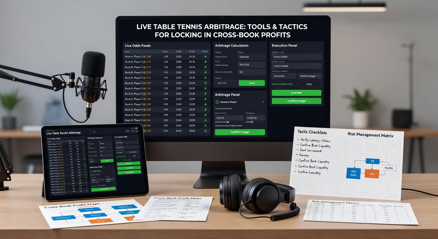 Screenshot of a live table tennis arbitrage scanner displaying cross-book odds discrepancies, with profit percentages highlighted for quick action