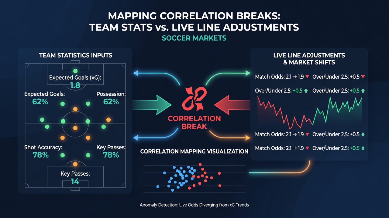 Chart displaying live line adjustment timelines alongside team expected goals and possession data with highlighted divergence points