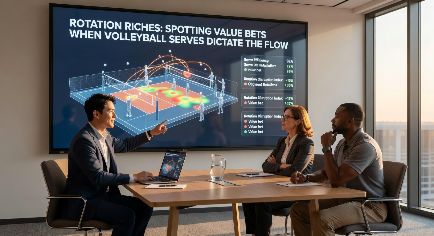 Close-up of a volleyball rotation diagram overlaid on a live game scoreboard, illustrating serve sequences