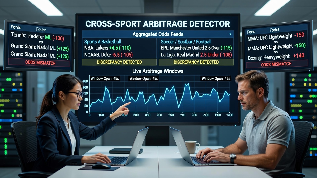 Live dashboard view showing cross-sport arbitrage calculations with highlighted probability mismatches