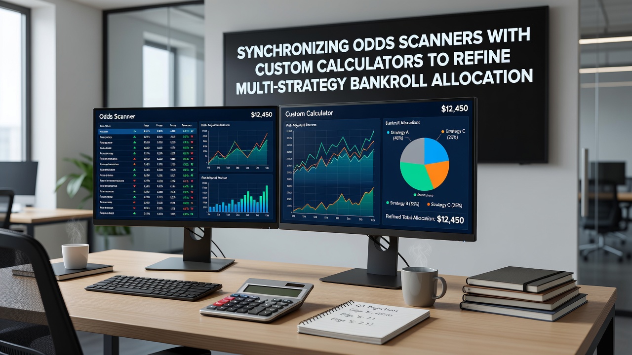 Flowchart showing data transfer between an odds scanner module and a custom bankroll calculator interface with allocation percentages