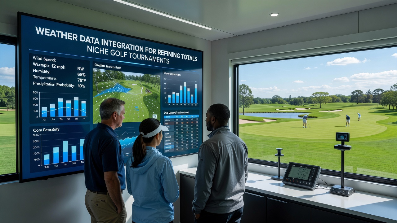 Analyst reviewing weather station outputs on a tablet beside a fairway during a regional golf event