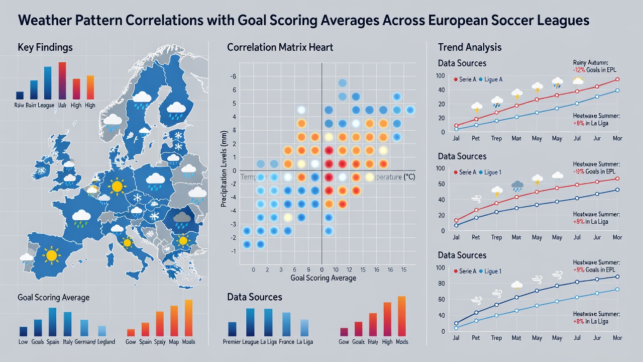 Map overlay of European soccer stadiums with color-coded weather condition data and corresponding goal statistics